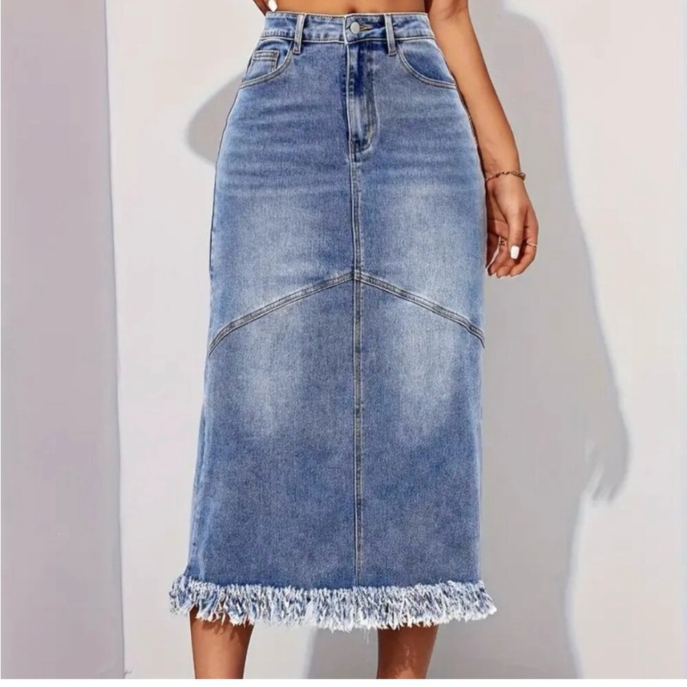 Tassel Midi Denim Skirt (Color: Medium Blue/Sea Blue)